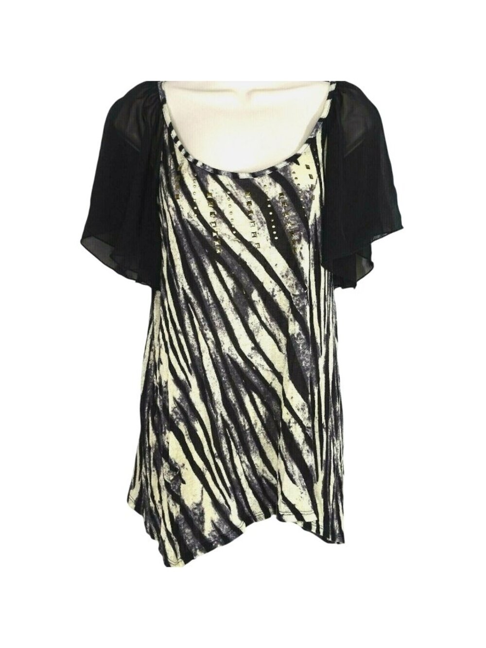 Signature Studio Knit Top Size M Black Cream Embellished Sheer Flutter Sleeve